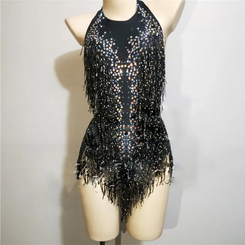 White Tassel Crystal Bodysuit Sexy Backless Stretch Tights Nightclub Women DJ Singer Performance Dance Wear DS Costume DT1161