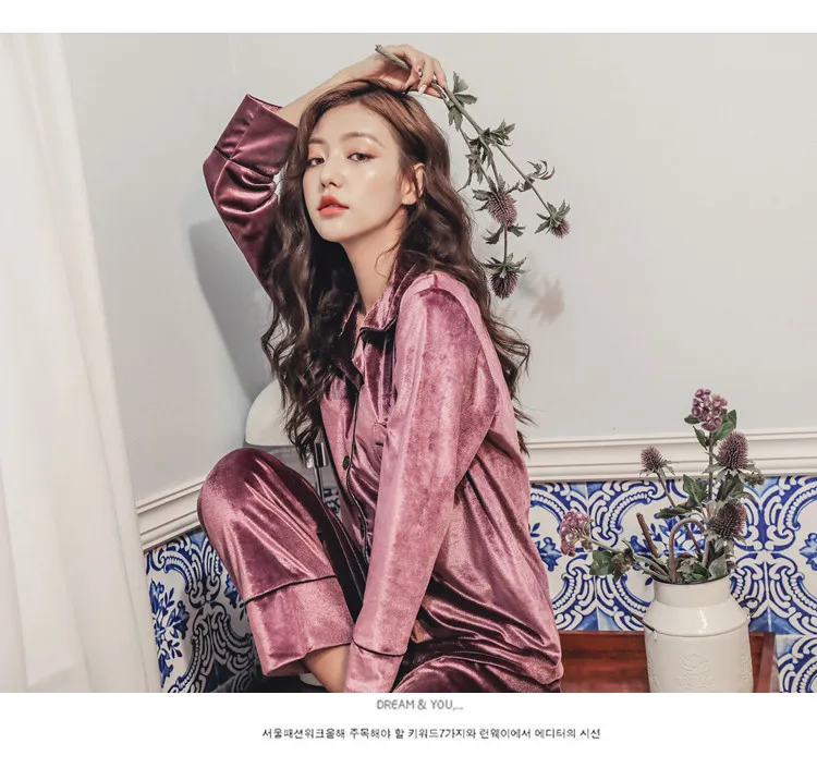 

221 # Solid Color Cardigan Ht High Quality Korean-style Sweet Gold Velvet Long Sleeve Pajamas Tracksuit Two-Piece Set