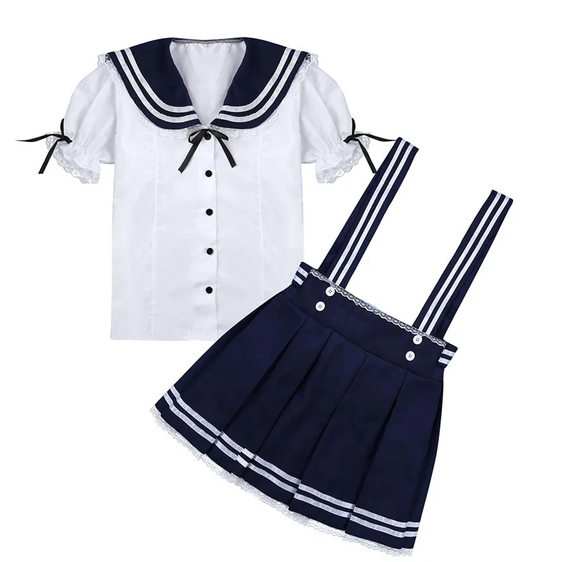 Костюм Моряка из 2 предметов для женщин, девочек, старшеклассников, маскарадный костюм, наряд, короткая рубашка с пышными рукавами, плиссированная подвеска, юбка - Цвет: Navy Blue White