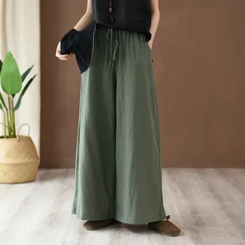 

Linen Pants Women Retro Loose Casual Sand Wash Drawstring Pull-on Pockets Green Black Lounge Wide Leg Palazzo Pants for Women