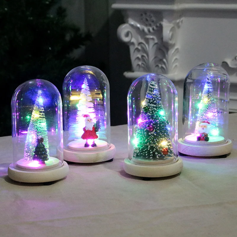 Christmas Tree In Glass Dome on a Wooden Base for Valentine's Gifts LED Rose Lamps Christmas Festive Ornaments New Year Souvenir