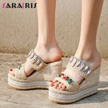

SARAIRIS Hot Sale Ladies High Wedges Slippers Summer Holiday Fashion Platform Slippers Women Crystal Decorating Shoes Woman