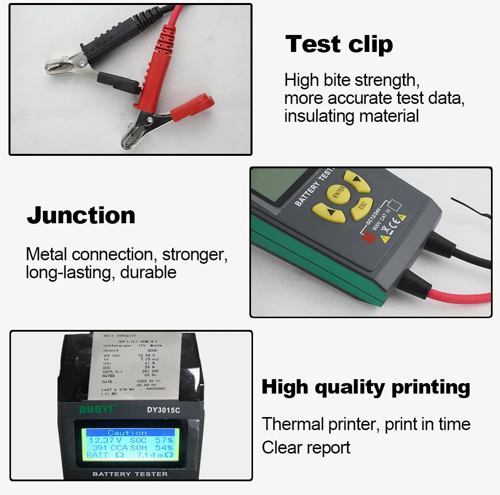 Цифровой многофункциональный автомобильный тестер аккумуляторов DUOYI DY3015C 12V24V, анализатор автомобильных аккумуляторов, диагностика, многоязычный с принтом