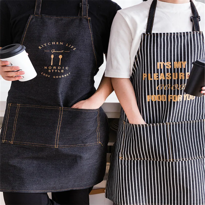 Кухонный Регулируемый джинсовый фартук с защитой от окрашивания для мужчин и женщин, униформа для кафе в скандинавском стиле, черный золотой фартук для ресторана, товары для уборки дома
