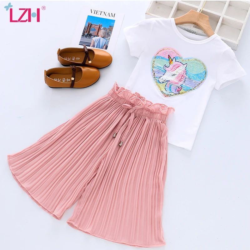 Toddler Girls Clothing Sets 2021 Summer Girls Clothes Unicorn Sequins Chiffon Pants Outfit Kids Tracksuit Suit Children Clothing