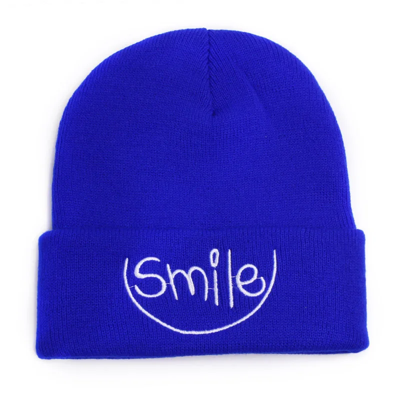 Autumn And Winter New Letters Smile Embroidery Wool Hat, Ladies Wild Thin Cuff Knit Hat, Men Skully Cap