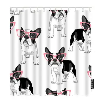 

Dog Shower Curtain Set Cute Cartoon Black White French Bulldog in Pink Glasses Shower Curtains Home Decorative Waterproof