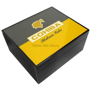 

Cohiba Classic Yellow&Black Cedar Wood Cigar Cigarette Humidor Humidifier Hygrometer Box Accessory Big Capacity Tobacco Storage