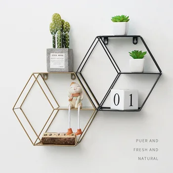 

Wall Hanging Shelf Nordic Iron Hexagonal Grid Wall Storage Rack Shelf Geometric Decorative Figure Decoration Living Room Display