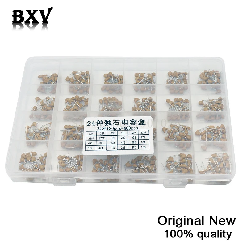 

24Values*20PCS =480PCS Monolithic Ceramic Capacitor 10pF~10uF Ceramic Capacitor Assorted Kit + BOX