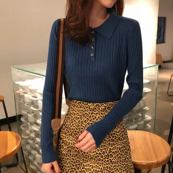 

Female Knit Tops Button Turn down Sweater Women Spring Autumn Solid Knitted Pullover femme Slim Soft Jumper New Fashion Sweater