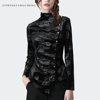 

Elegant Mature Ladies Winter Velour Blouse Floral Print Long Sleeve Stand Ruffled Collar Pearls Beaded Slim Top Bottoming Shirt