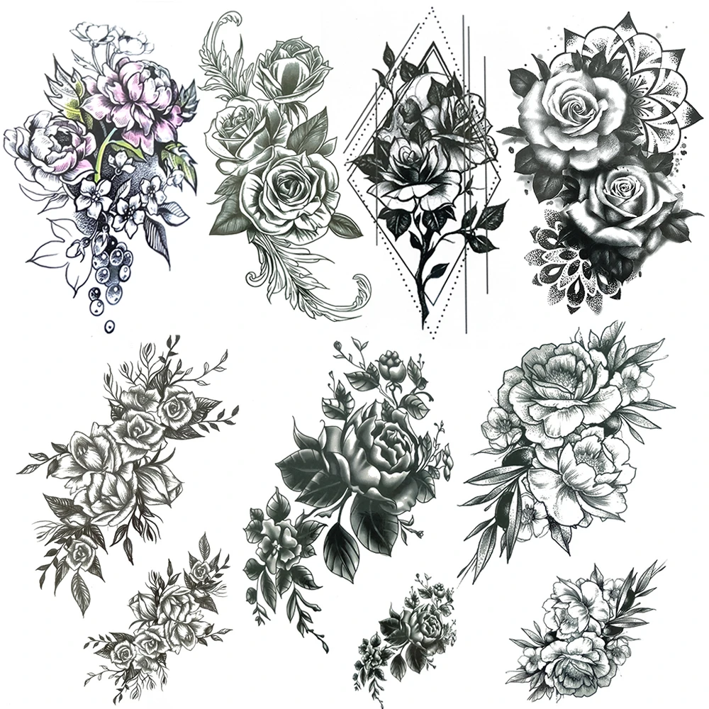 Tatouage Femme Cuisse Rose Jasmin Sexy tatouages temporaires pour femmes femme diamant Rose Mehndi  fleur tatouage autocollant dessin marguerite noire faux Tatoos cuisse |  AliExpress