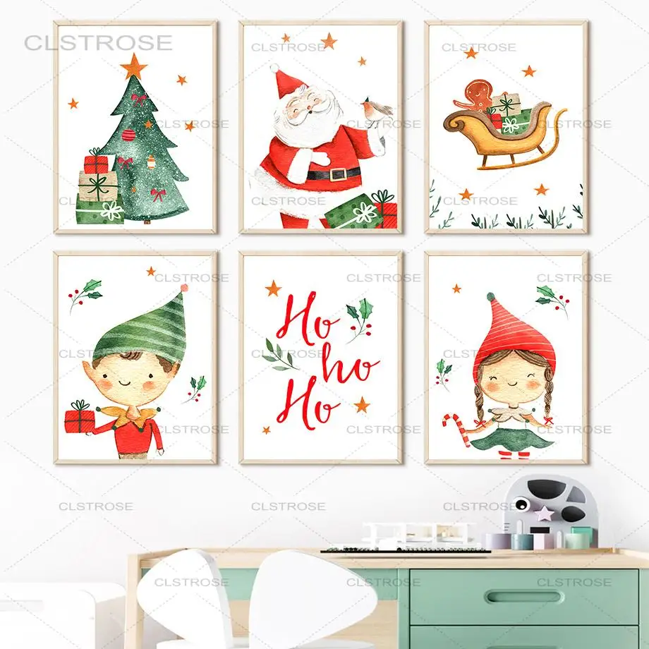 

Santa Claus Christmas Gift Tree Boy Girl Nursery Canvas Painting Nordic Cartoon Wall Art Posters and Prints for Kids Room Decor