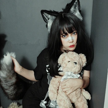 

New Hand Made Animal Black Fox Wolf Wolves Ears Hairhoop Hairbans Headwear Tail Set for Cosplay Game Party Costume Accessories