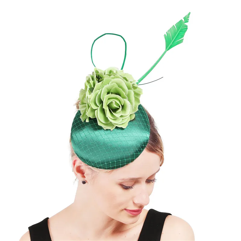 

Green Mesh Bride Rose Fascinators Wedding Women Chic Hats Gorgeous Ladies Vintage Hair Accessories With Fancy Feathers Headpiece