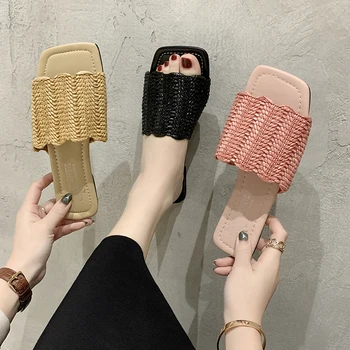 

2020 New Summer Slippers Female Slides Open Toe Square Low Heels Casual Slides Women Shoes Woman Summer Outdoor Beach Shoes
