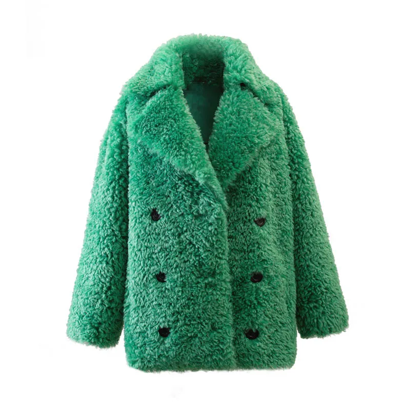 green faux fur coat Элегантное новое пальто с мехом из искусственной овечьей шерсти зимние толстые теплые пушистые куртки пальто Высокое качество двубортная верхняя одежда для женщин - Цвет: green faux fur coat