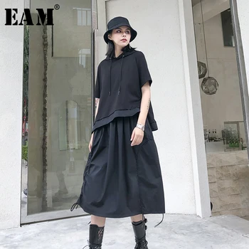 

[EAM] Women Black Drawstring Split Temperament Dress New Hooded Short Sleeve Loose Fit Fashion Tide Spring Summer 2020 1T789