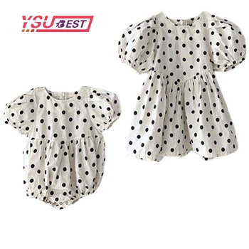 

Korean Style Newborn Baby Girls Dot Bodysuits Puff Sleeve Toddlers Clothes Cute Summer Infants Jumpsuits Dress Twins Clothing