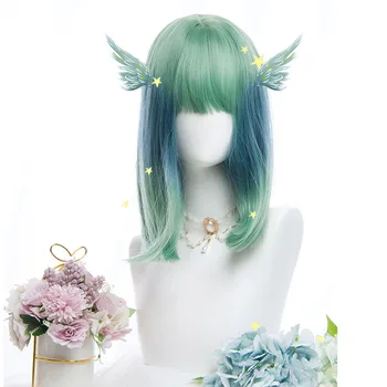 

Cosplaysalon 42CM Lolita Straight Bob Green Mix Blue Ombre Bangs Short Ombre Party Synthetic Hair Cosplay Wig+Cap