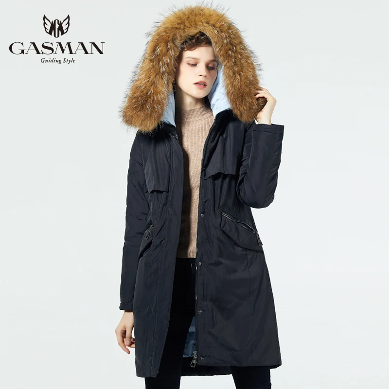 GASMAN модная женская зимняя куртка брендовая Длинная женская пуховая парка с капюшоном теплая верхняя одежда пальто с натуральным мехом енота пуховик женщин - Цвет: 701 black