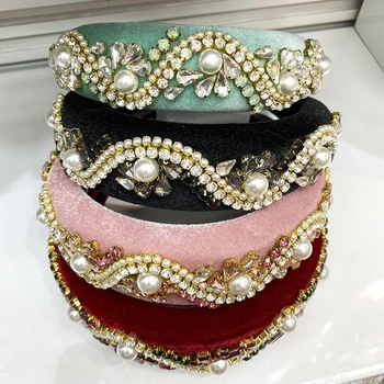 

Baroque Pearl Hairband,Gorgeous HairHoop New Exaggerated Luxurious Temperament Sponge Headband with Rhinestone Hair Accessories