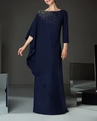 Dark Navy Mother of the Bride Dress 2022 Plus Size Elegant Bateau Neck Floor Length Chiffon Half Sleeve Beads Prom Party Gown