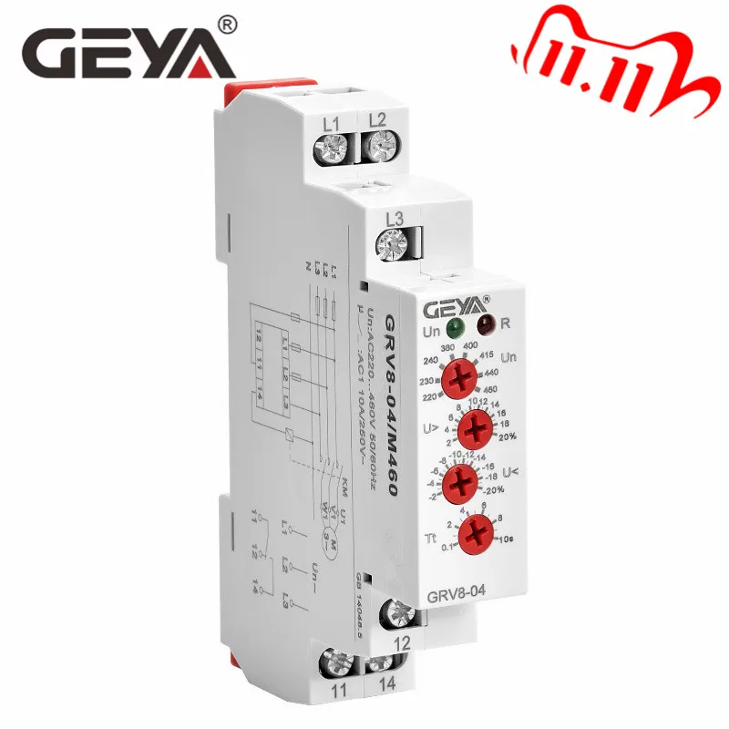 Трехфазное реле для контроля напряжения GEYA GRV8 04 с защитой фазы временем задержки