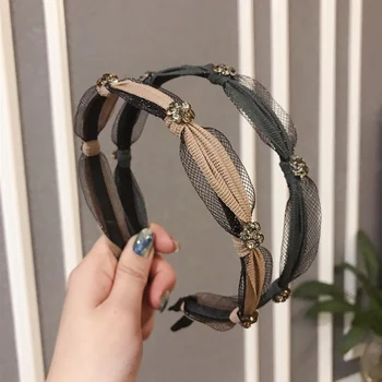 

MENGJIQIAO New Korean Elegant Handmade Crystal Hairband For Women Bow Knot Solid Colors Hoop Headwear Hair Accessories