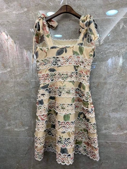 

2020 Spring and Summer New Women's Party Leaders Shoulder Knot Decorative Embroidery Stitching Hemp Strap Dress 421