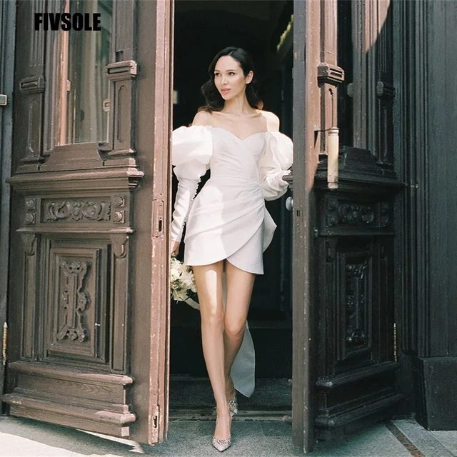 Fivsole White Wedding Dress 2021 Puff Long Sleeve Bride Dress Short A line Marriage Dress Tail Back Party Dress Vestido De Noiva white