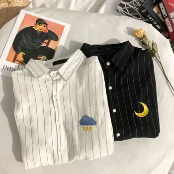 

Casual Striped Womens Blouses Embroidery Loose Shirts Streetwear Character Autumn Women Shirt Top
