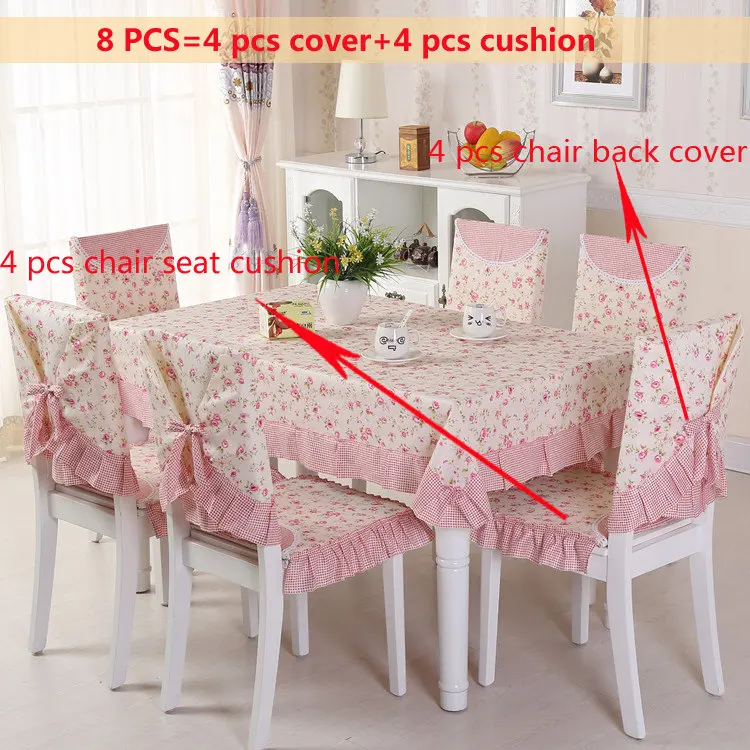 Pink 8pcs Print Dinning Tablecloth Cotton Cloth Fabric Table Cloth Chair Cover Chair Cushion Set Household Decoration Tea Table Cloth - Цвет: Pink 8pcs