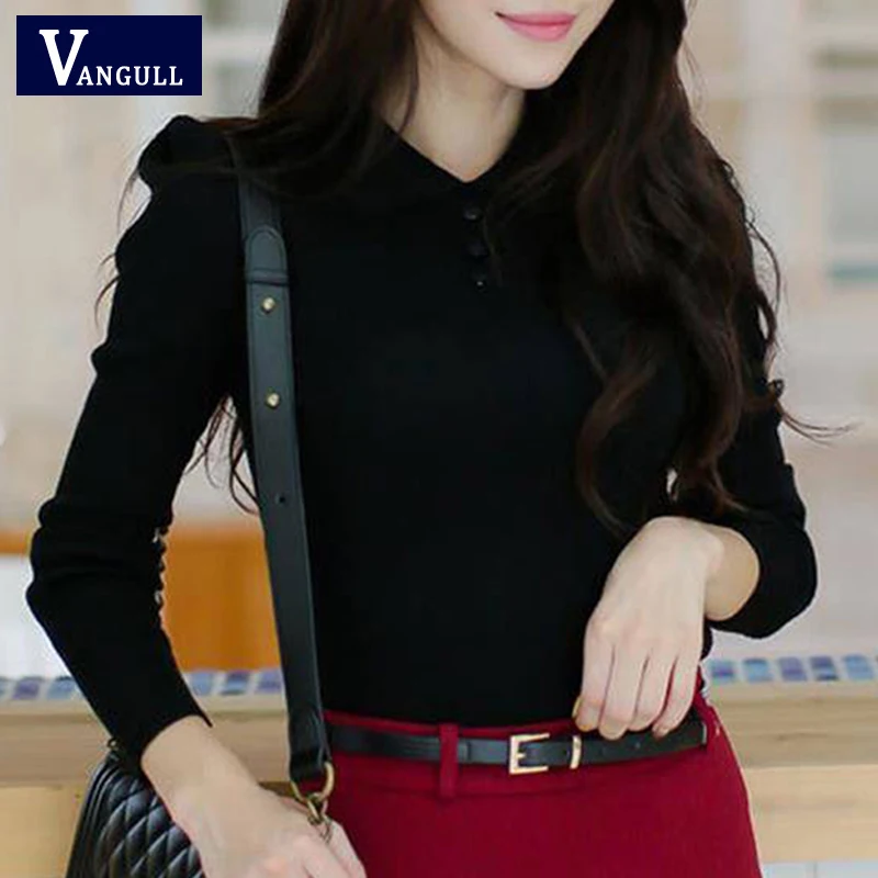 Black Vangull офисный пуловер тонкий однотонный вязаный отложной воротник женские свитера весна осень джемпер женский - Цвет: Black