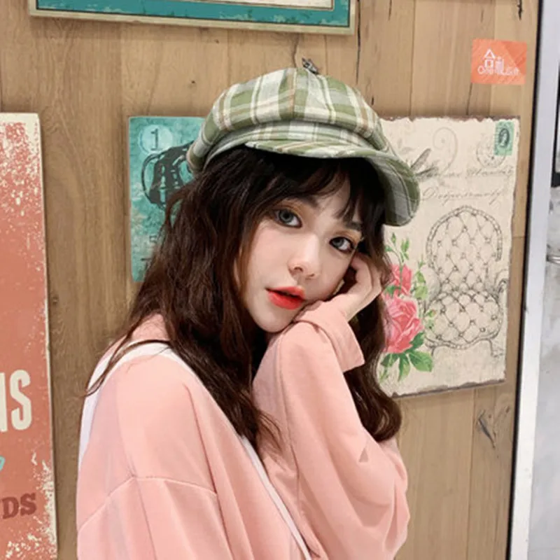 Korean version hat female Japanese retro lattice Beret thin breathable painter hat in summer