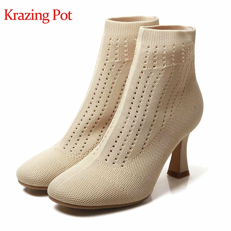 

Krazing pot brand knitting round toe high heel handsome breathable elegant vintage design Autumn runway show ankle boots L65