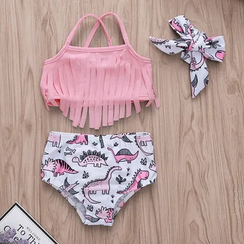 

Lovely Girl Dinosaur Pink Outfit Summer Beachwear Headband and Sleeveless Tassel Crop Top and Briefs 3 Pcs Set Baby Girl Clothes