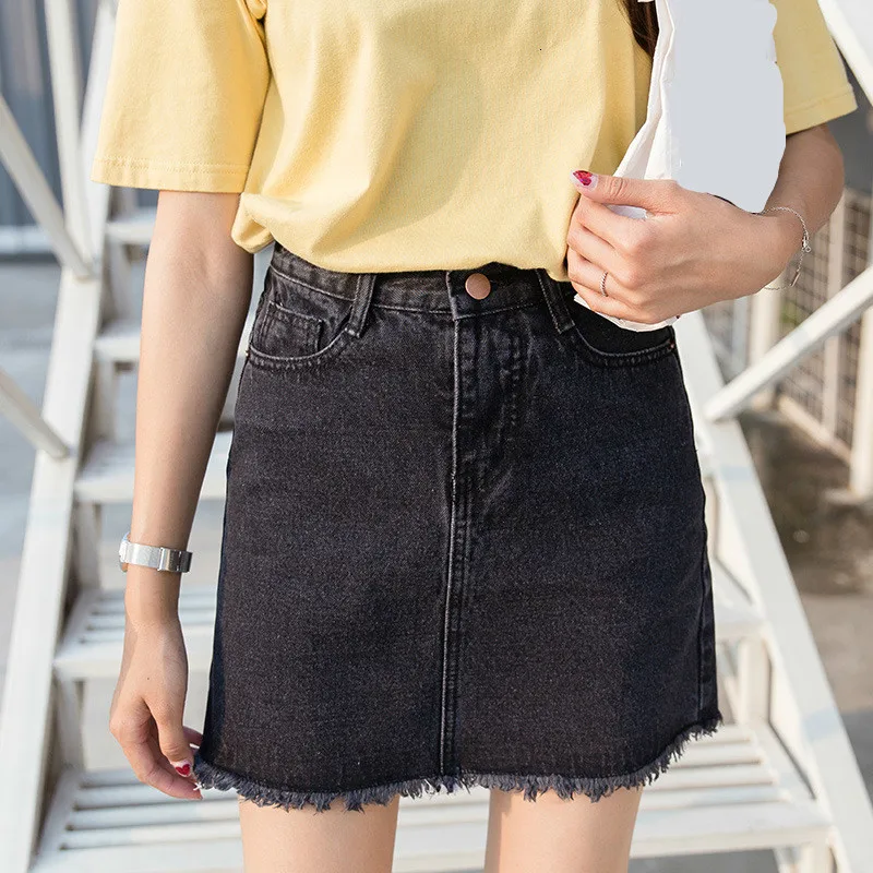 Для женщин цвет: черный, синий ковбойский Высокая Талия флэш-памяти до колен для девочек джинсовый жакет студ короткая юбка