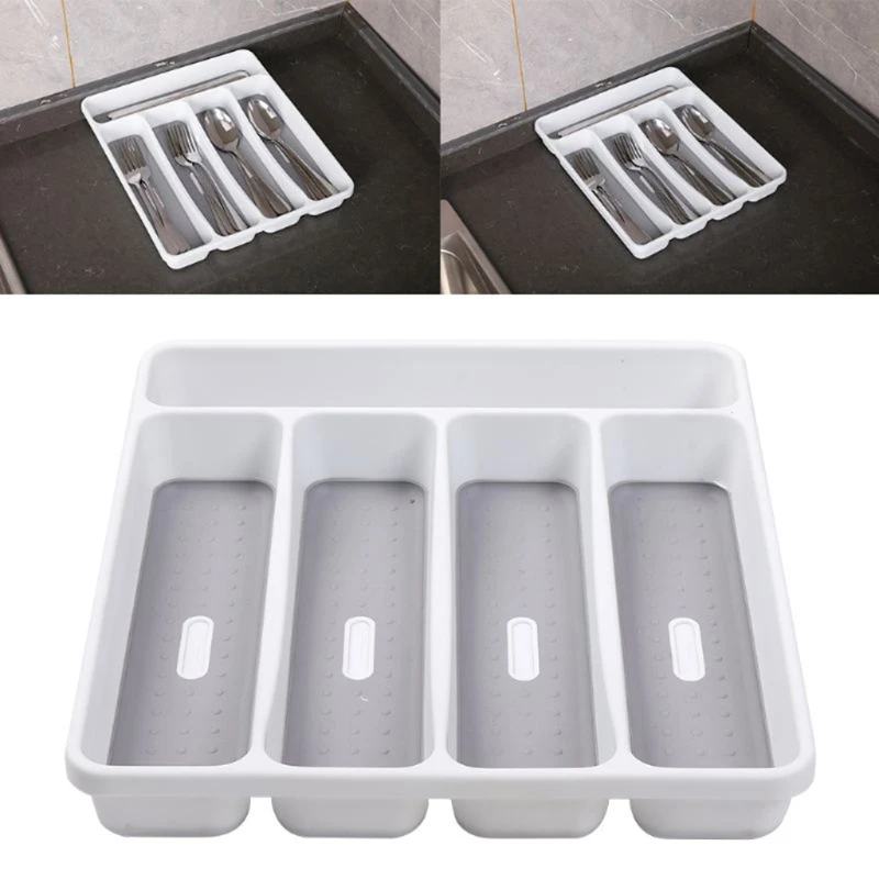 

Classic Small Silverware Tray White 5-Compartments Icons help sort Flatware, Utensils and Cutlery Soft-grip Lining and N