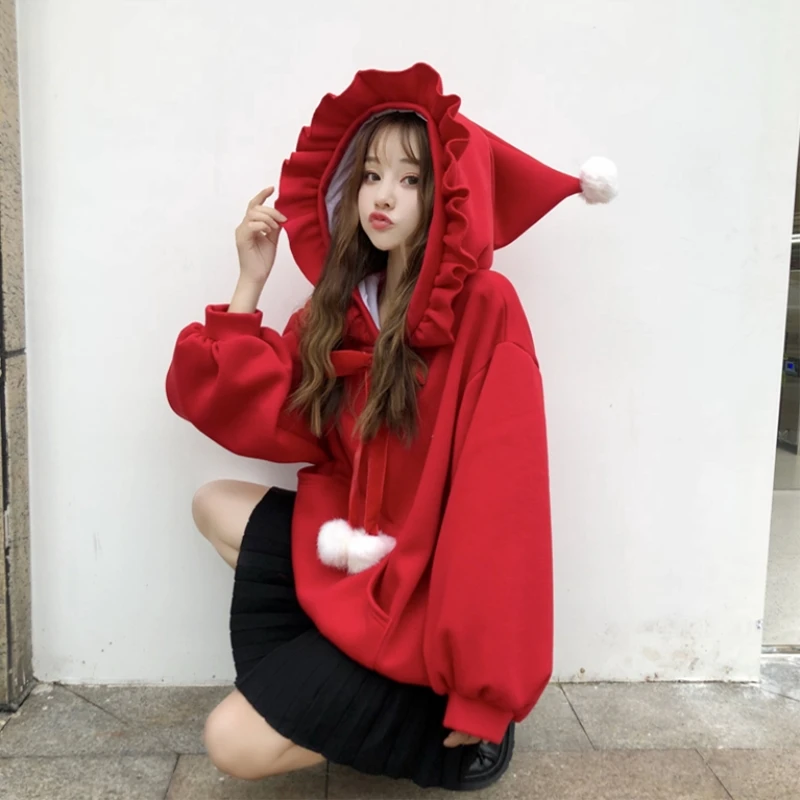 

Cute Hoodies Women Christmas Hoodies Kawaii Hairball Hooded Lantern Sleeve Loose Fashion Pullover Casual Sweet Sweatshirt Girls