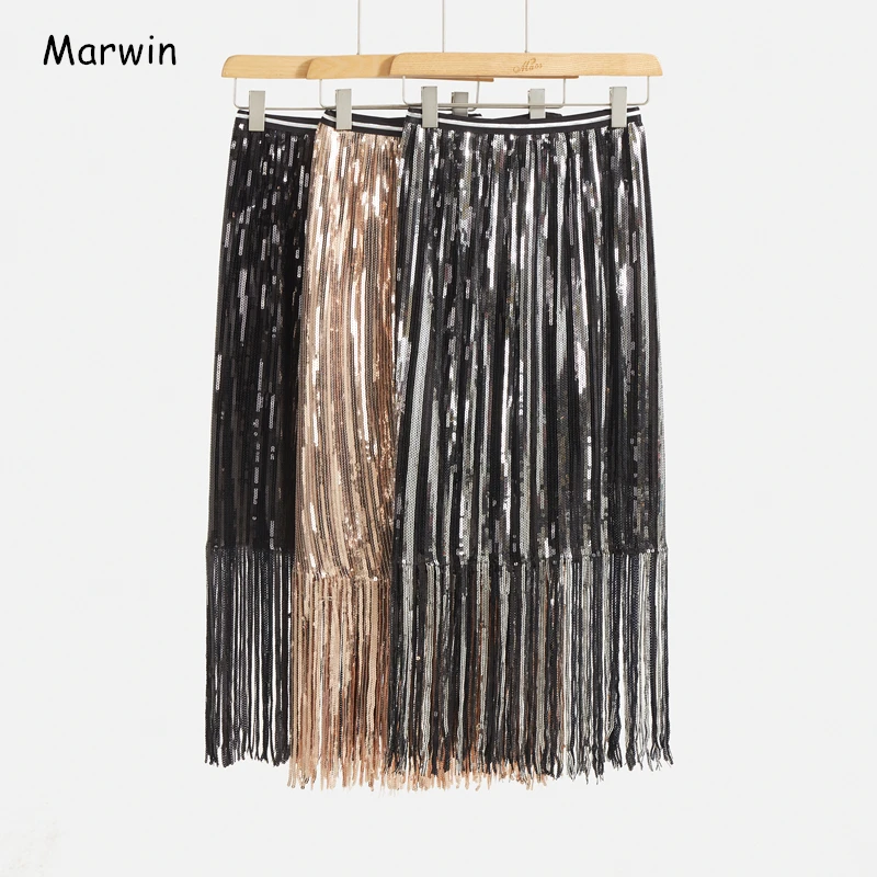 Marwin 2020 New-Coming Spring Solid Tassel Sequined Straight Mid-Calf Empire High Street Style Women Skirts Party Holiday | Женская