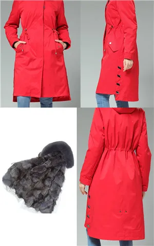 90cm Long Real Fox Lining fur coat parkas winter jacket coat women parka big real Fox raccoon fur collar fox fur liner Red Outer - Цвет: Темно-серый