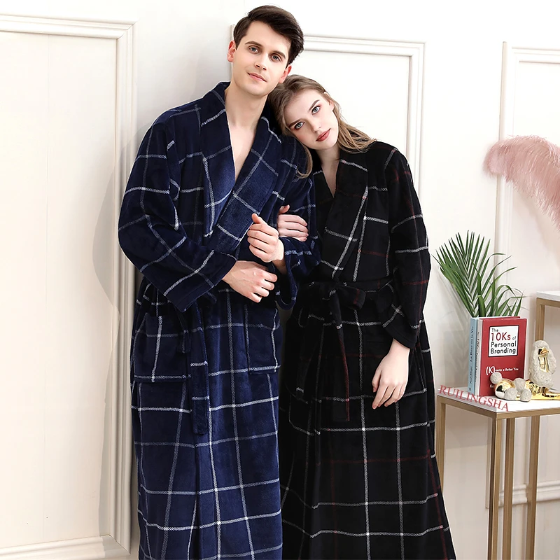 Women Winter Plaid Plus Size Long Flannel Bathrobe 40-130kg Warm Bath Robe  Cozy Kimono Robes Dressing Gown Men Night Sleepwear - Robes - AliExpress
