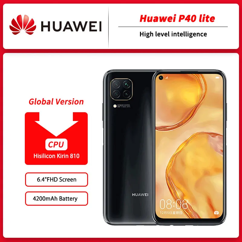 Глобальная версия Huawei P40 lite 6 + 4 ГБ 64 мп экран 810 дюйма процессор Kirin 128 сканер