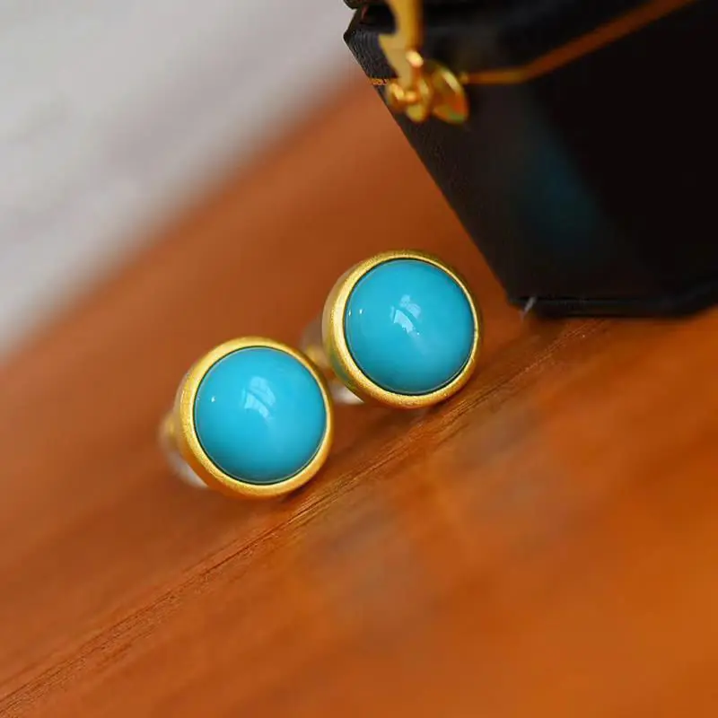 Original New Silver Inlaid Turquoise Round Earrings retro cool charm sand gold craft light luxury women's brand jewelry