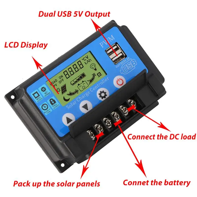 PWM солнечный контроллер заряда 10A/20A/30A/70A/50A двойной USB ЖК-дисплей 12 В 24 В Авто Солнечная батарея для телефона авто регулятор зарядного устройства