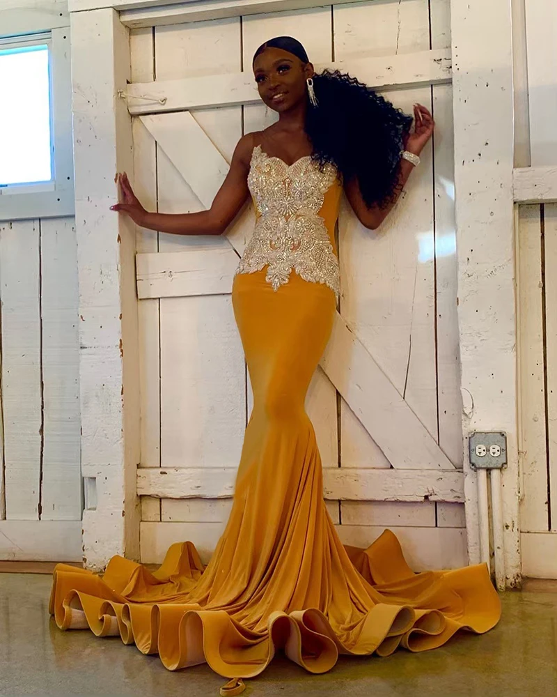

Gold Mermaid Long Prom Dress 2020 Stunning Silver Beaded Handwork African Black Girl Prom Dresses 2020