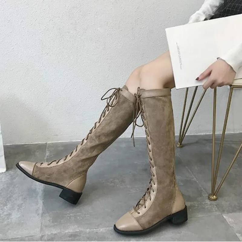 2019 women's knee-high boots fashion black lace up autumn shoes slim stretch fabric rubber sole solid female long high boot