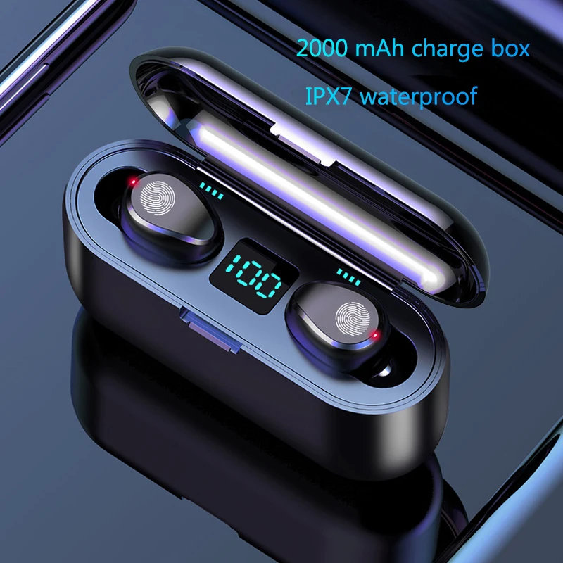 Черные беспроводные наушники Bluetooth V5.0 F9 TWS, светодиодный дисплей с зарядным устройством 2000 мАч, гарнитура с микрофоном